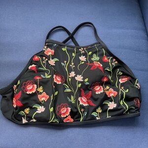 Floral Embroidered Black Halter Swim Bikini Top